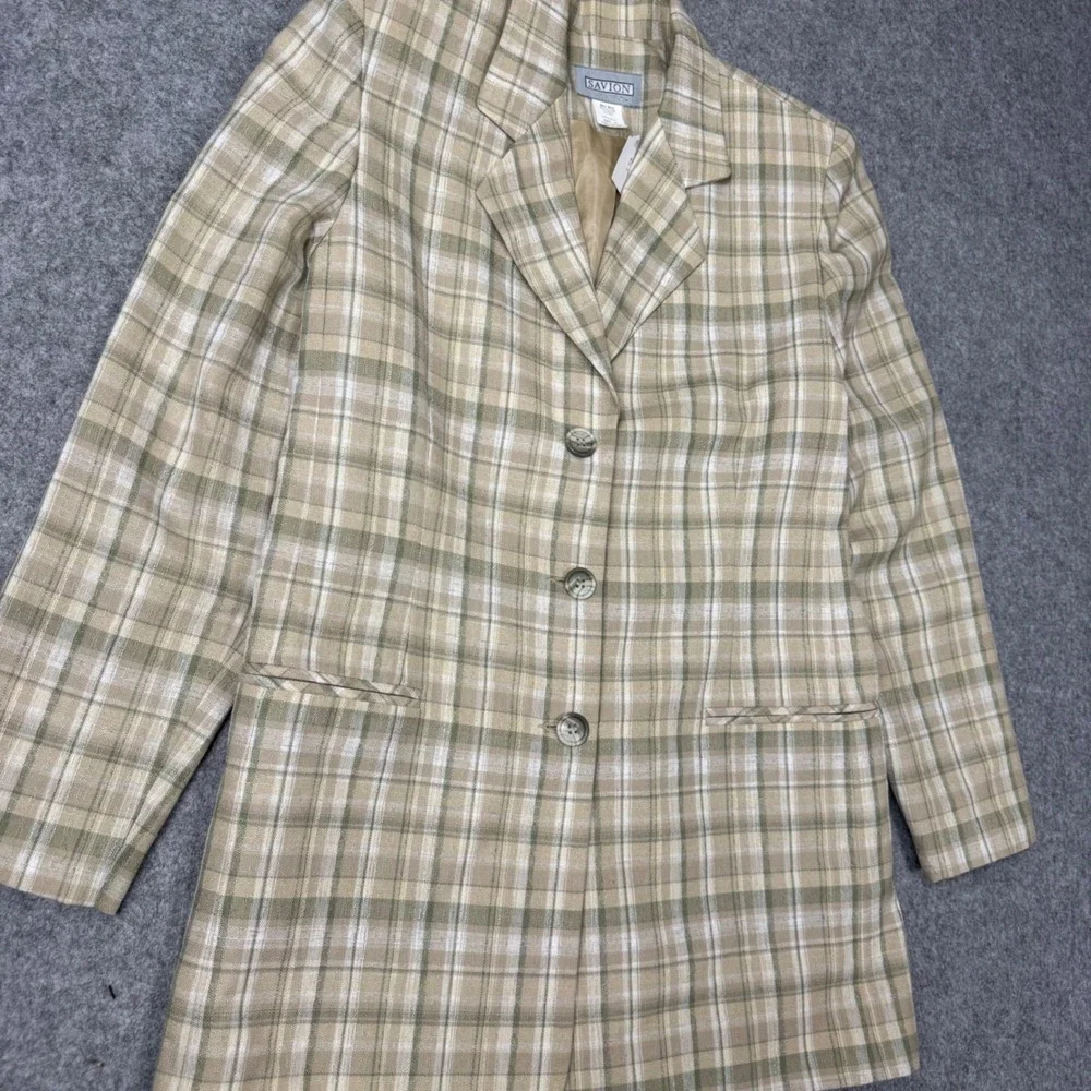 Savion Mens Tan Olive Green Plaid Linen Blend 3-Button Blazer Jacket Size 10
